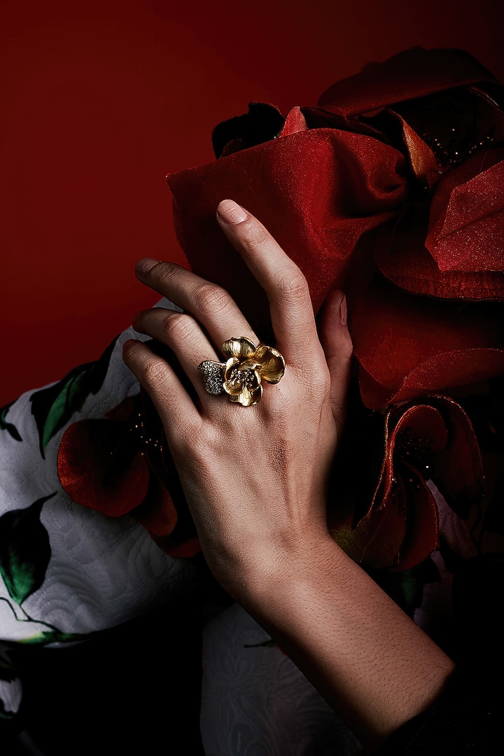 Gold Finish Cubic Zirconia & Champagne Stone Floral Ring In Sterling Silver by MISS JO at Pernia's Pop Up Shop