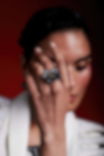 Gold Finish Cubic Zirconia & Black Stone Floral Ring In Sterling Silver by MISS JO at Pernia's Pop Up Shop