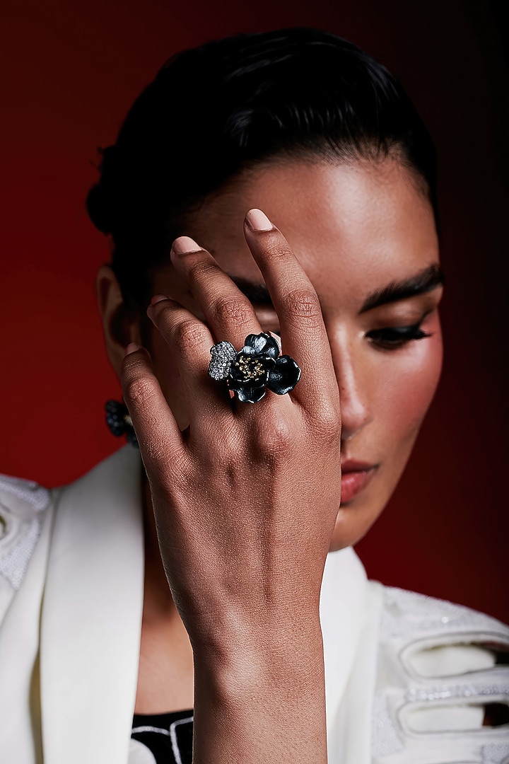 Gold Finish Cubic Zirconia & Black Stone Floral Ring In Sterling Silver by MISS JO at Pernia's Pop Up Shop
