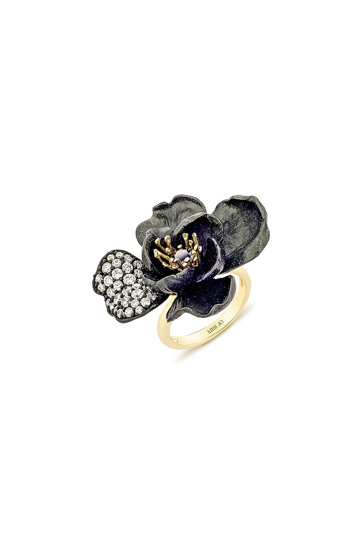 Gold Finish Cubic Zirconia & Black Stone Floral Ring In Sterling Silver by MISS JO at Pernia's Pop Up Shop