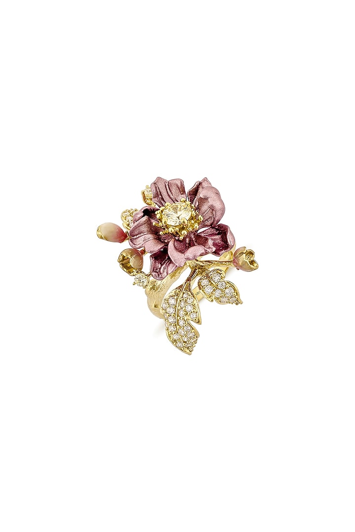 Gold Finish Cubic Zirconia & Pink Canary Stone Floral Ring In Sterling Silver by MISS JO at Pernia's Pop Up Shop
