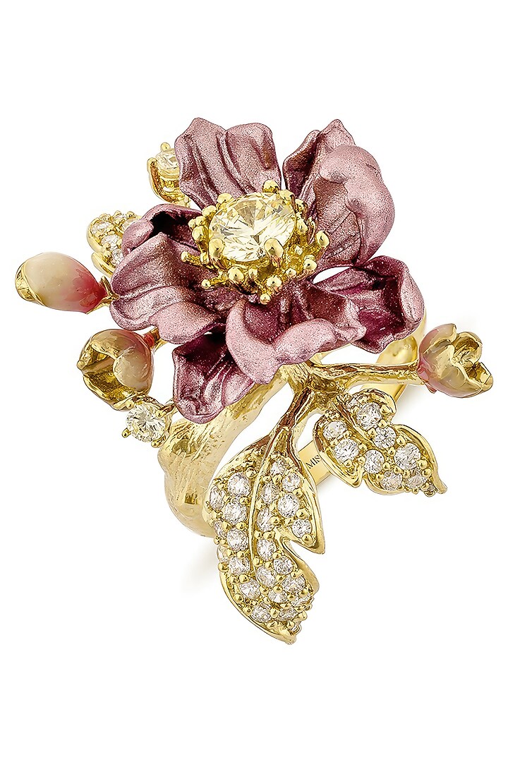 Gold Finish Cubic Zirconia & Pink Canary Stone Floral Ring In Sterling Silver by MISS JO at Pernia's Pop Up Shop