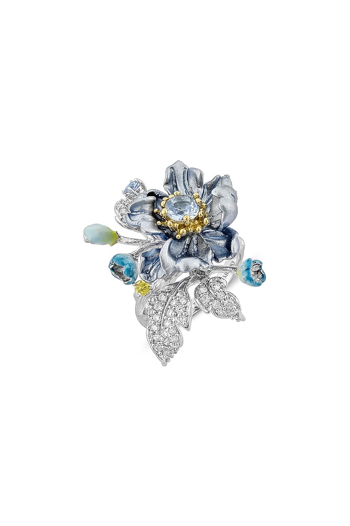 White Rhodium Finish Cubic Zirconia & Blue Topaz Stone Floral Ring In Sterling Silver by MISS JO at Pernia's Pop Up Shop