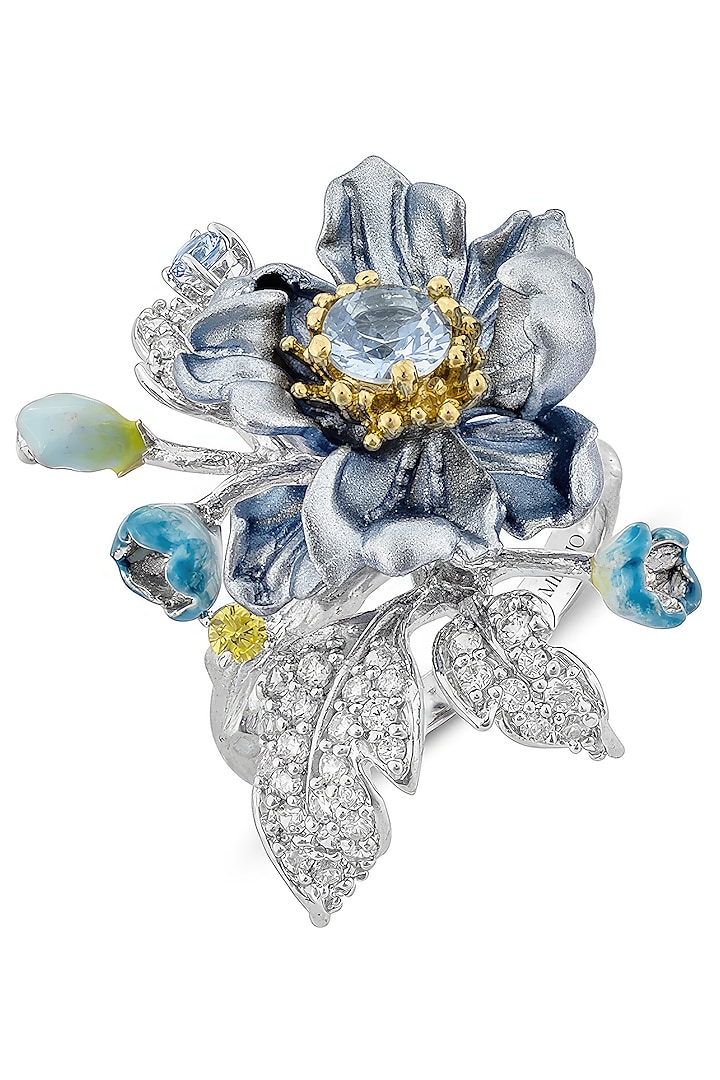 White Rhodium Finish Cubic Zirconia & Blue Topaz Stone Floral Ring In Sterling Silver by MISS JO at Pernia's Pop Up Shop