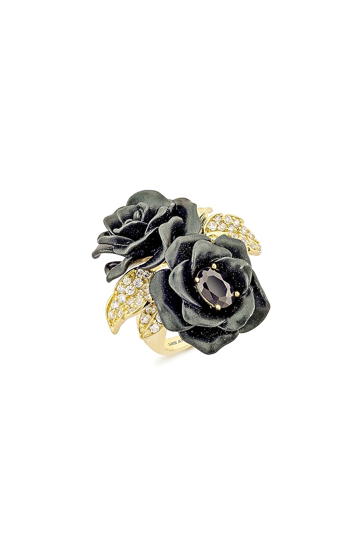 Gold Finish Cubic Zirconia & Black Stone Floral Ring In Sterling Silver by MISS JO at Pernia's Pop Up Shop