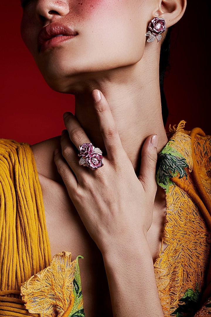 Rose Gold Finish Cubic Zirconia & Pink Stone Floral Ring In Sterling Silver by MISS JO at Pernia's Pop Up Shop
