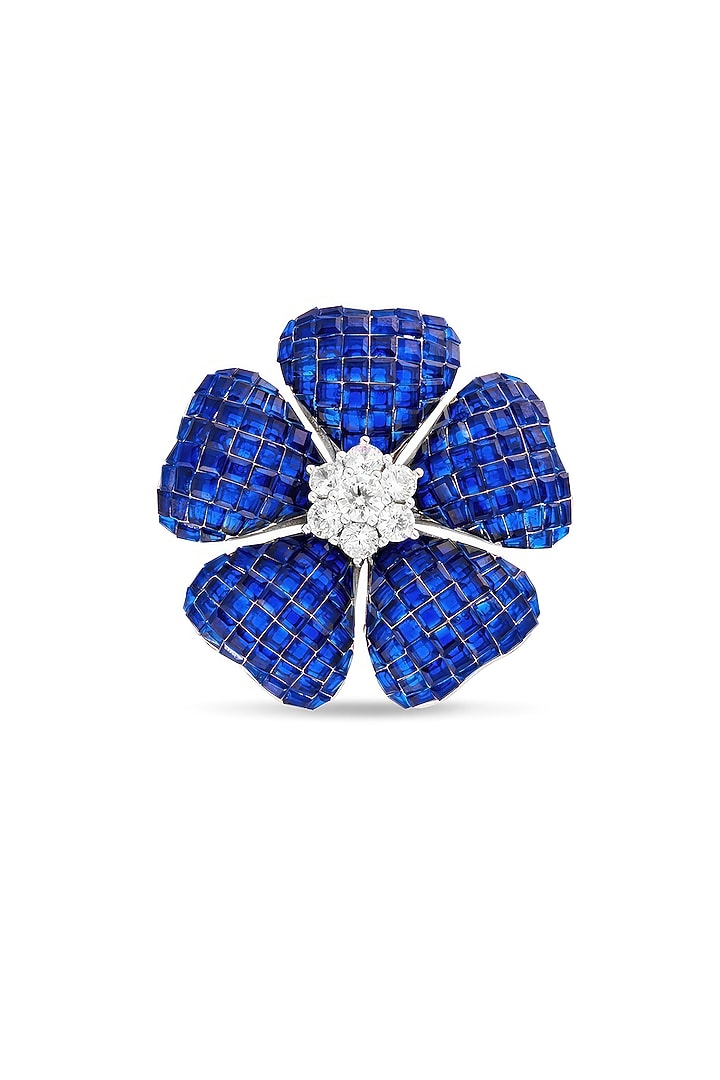 White Rhodium Finish Sapphire Spinel Stone Floral Brooch In Sterling Silver by MISS JO at Pernia's Pop Up Shop