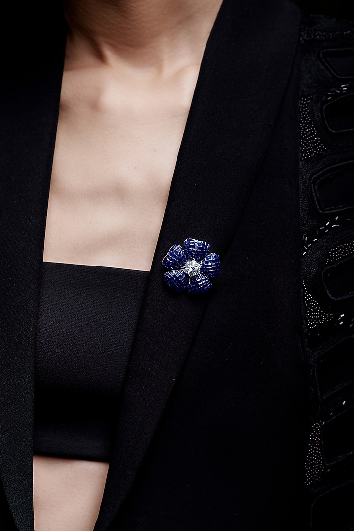 White Rhodium Finish Sapphire Spinel Stone Floral Brooch In Sterling Silver by MISS JO at Pernia's Pop Up Shop
