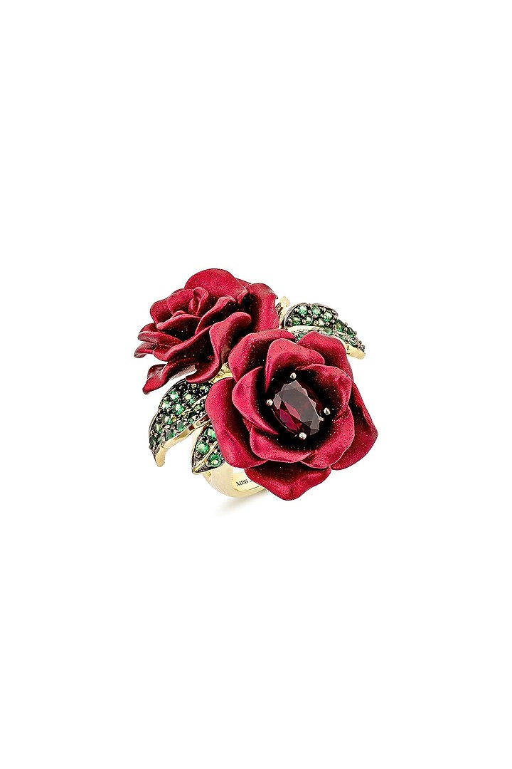 Gold Finish Cubic Zirconia & Red Stone Floral Ring In Sterling Silver by MISS JO at Pernia's Pop Up Shop