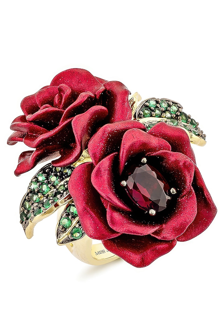 Gold Finish Cubic Zirconia & Red Stone Floral Ring In Sterling Silver by MISS JO at Pernia's Pop Up Shop