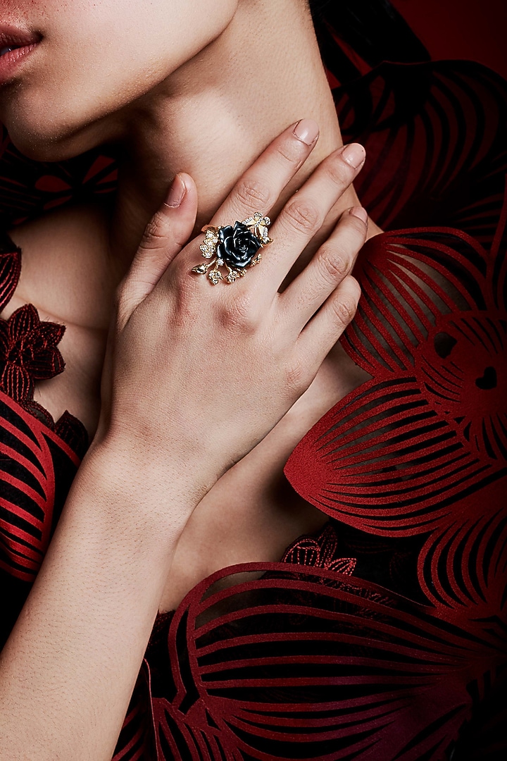 Gold Finish Cubic Zirconia & Black Stone Floral Ring In Sterling Silver by MISS JO at Pernia's Pop Up Shop