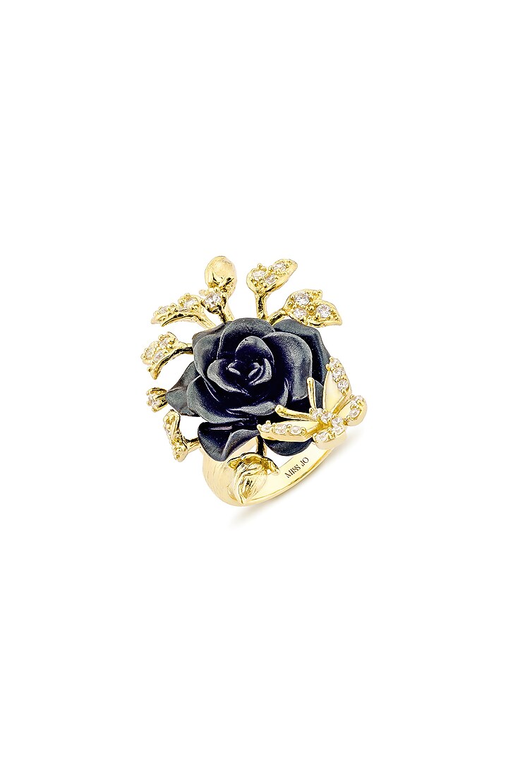 Gold Finish Cubic Zirconia & Black Stone Floral Ring In Sterling Silver by MISS JO at Pernia's Pop Up Shop