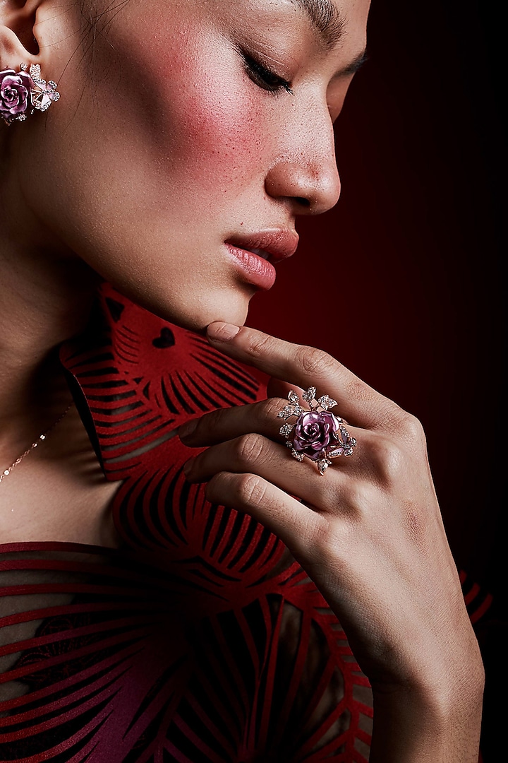 Rose Gold Finish Cubic Zirconia & Pink Stone Floral Ring In Sterling Silver by MISS JO at Pernia's Pop Up Shop