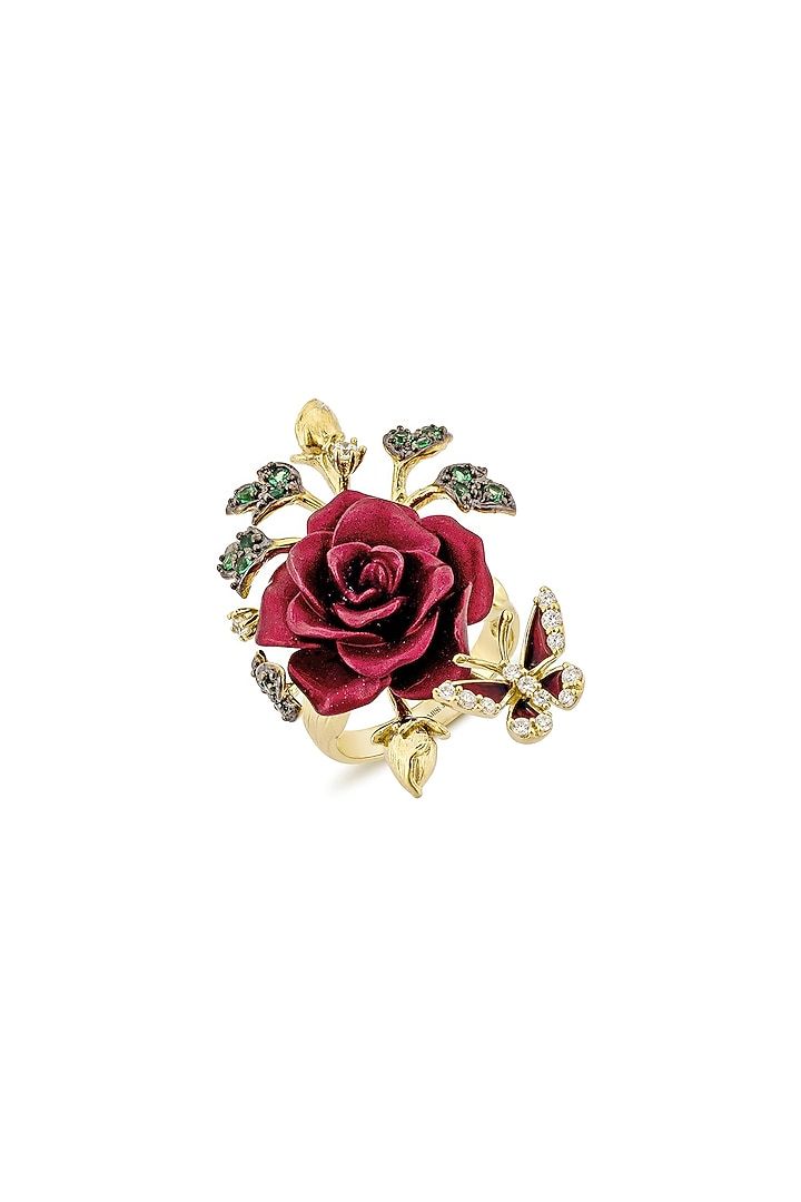 Gold Finish Cubic Zirconia & Red Nano Stone Floral Ring In Sterling Silver by MISS JO at Pernia's Pop Up Shop