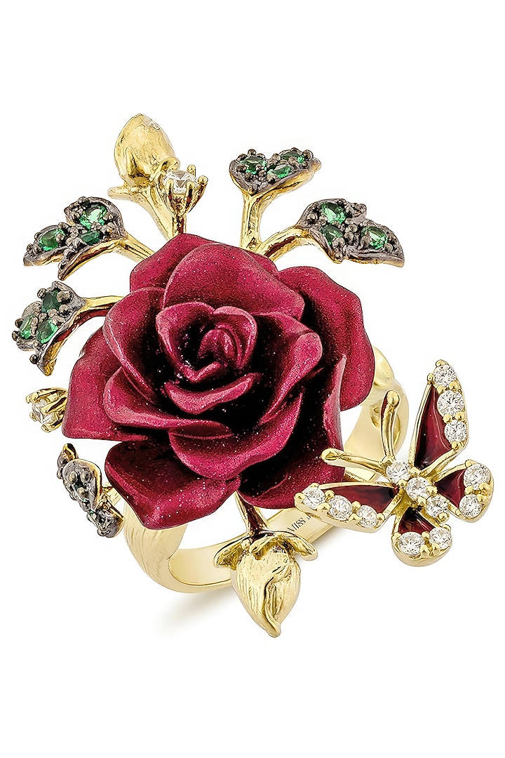 Gold Finish Cubic Zirconia & Red Nano Stone Floral Ring In Sterling Silver by MISS JO at Pernia's Pop Up Shop