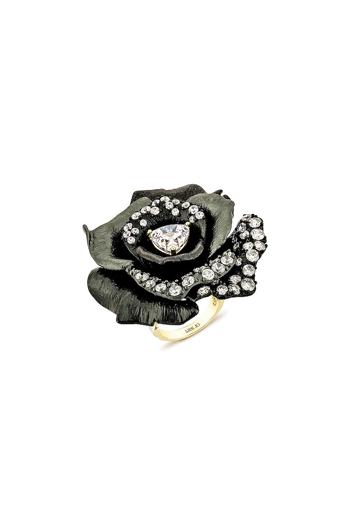 Gold Finish Cubic Zirconia & Black Stone Floral Ring In Sterling Silver by MISS JO at Pernia's Pop Up Shop
