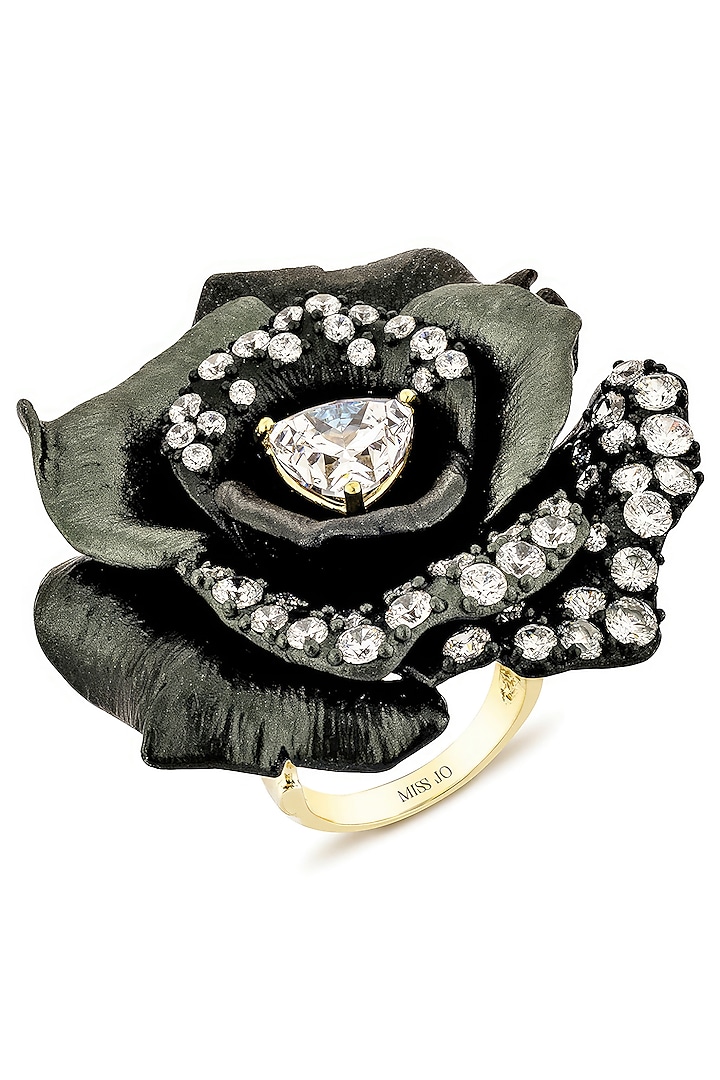 Gold Finish Cubic Zirconia & Black Stone Floral Ring In Sterling Silver by MISS JO at Pernia's Pop Up Shop