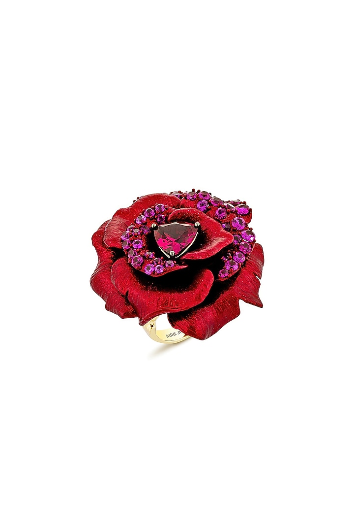 Gold Finish Cubic Zirconia & Red Stone Floral Ring In Sterling Silver by MISS JO at Pernia's Pop Up Shop