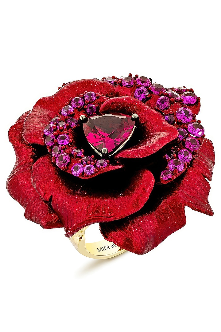 Gold Finish Cubic Zirconia & Red Stone Floral Ring In Sterling Silver by MISS JO at Pernia's Pop Up Shop