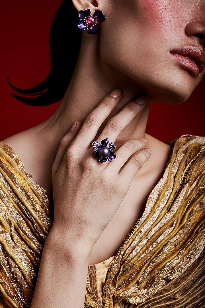 Gold Finish Cubic Zirconia & Purple Stone Floral Ring In Sterling Silver by MISS JO at Pernia's Pop Up Shop