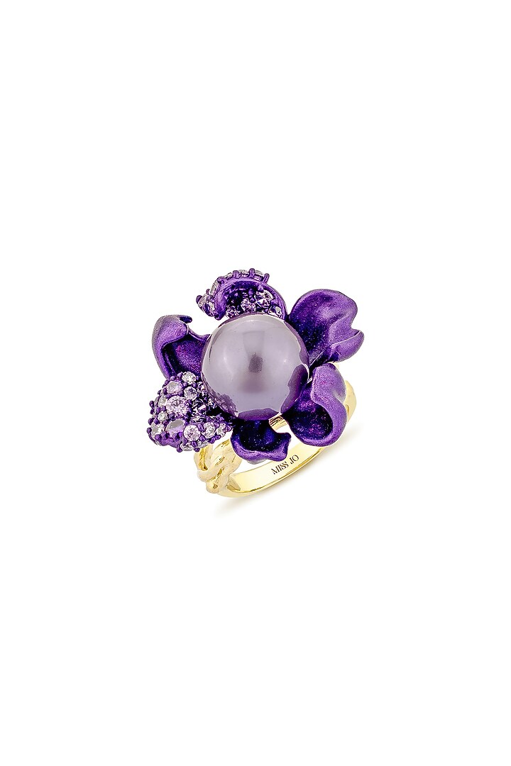 Gold Finish Cubic Zirconia & Purple Stone Floral Ring In Sterling Silver by MISS JO at Pernia's Pop Up Shop