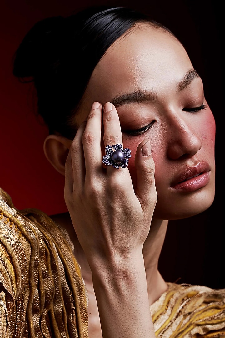 Gold Finish Cubic Zirconia & Purple Stone Floral Ring In Sterling Silver by MISS JO at Pernia's Pop Up Shop