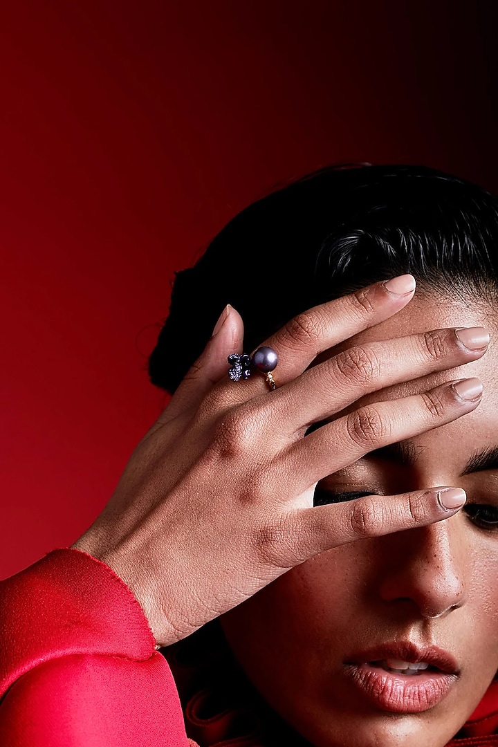 Gold Finish Cubic Zirconia & Purple Stone Floral Ring In Sterling Silver by MISS JO at Pernia's Pop Up Shop