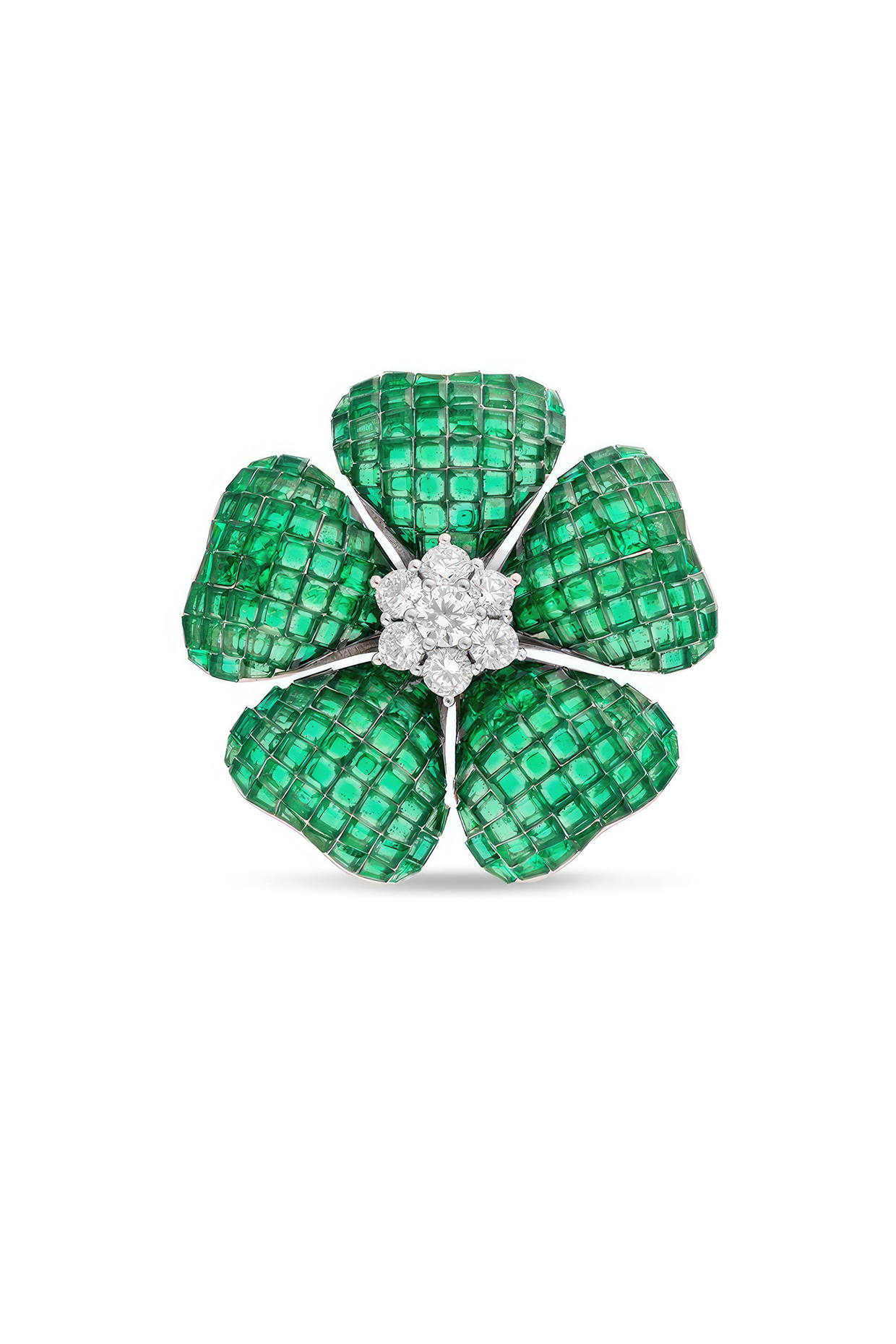 White Rhodium Finish Emerald Spinel Stone Floral Brooch In Sterling Silver by MISS JO at Pernia's Pop Up Shop