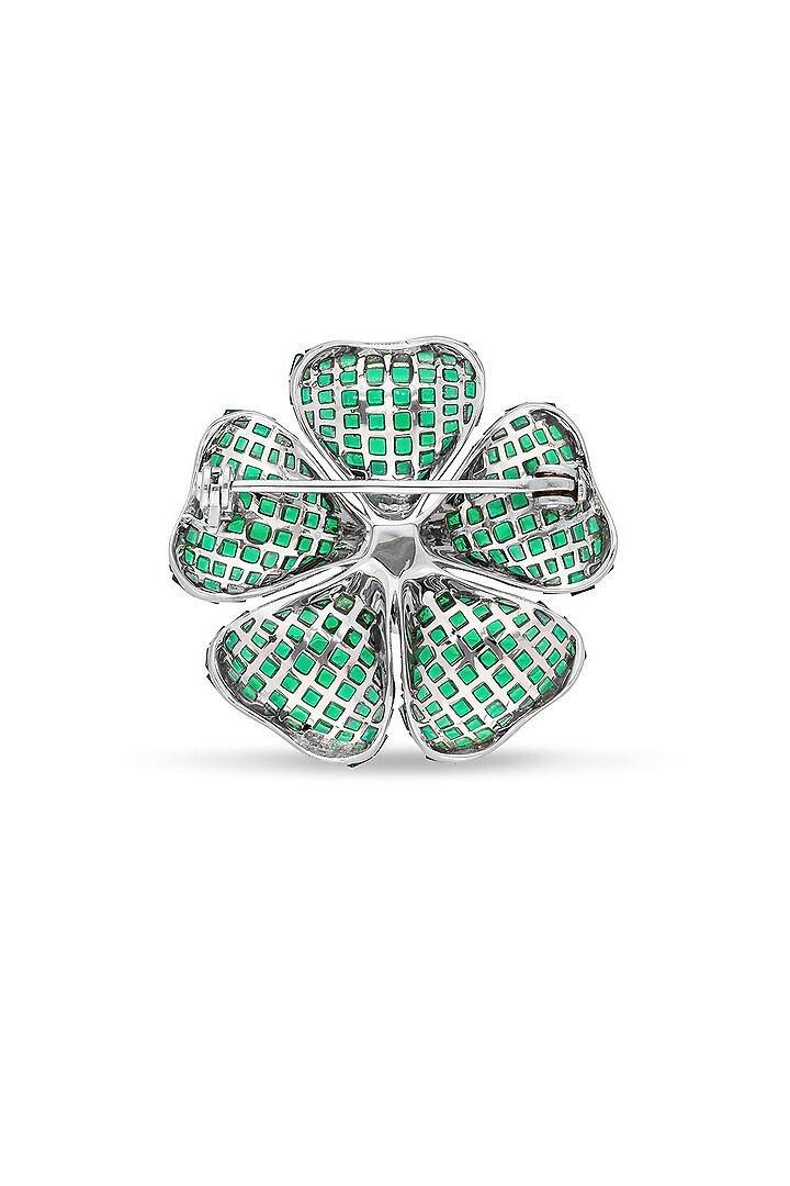 White Rhodium Finish Emerald Spinel Stone Floral Brooch In Sterling Silver by MISS JO at Pernia's Pop Up Shop