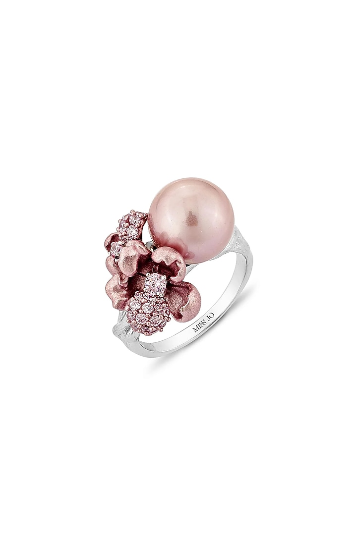 White Rhodium Finish Cubic Zirconia & Pink Stone Floral Ring In Sterling Silver by MISS JO at Pernia's Pop Up Shop