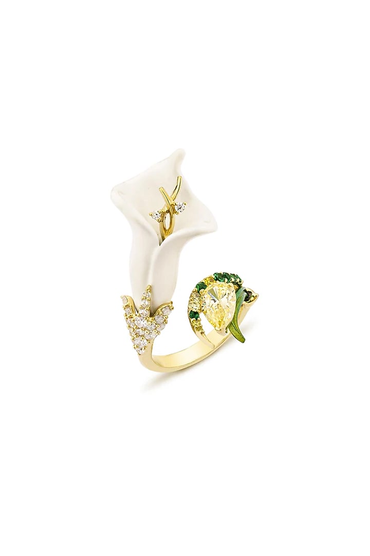 Gold Finish Cubic Zirconia & Canary Stone Floral Ring In Sterling Silver by MISS JO at Pernia's Pop Up Shop