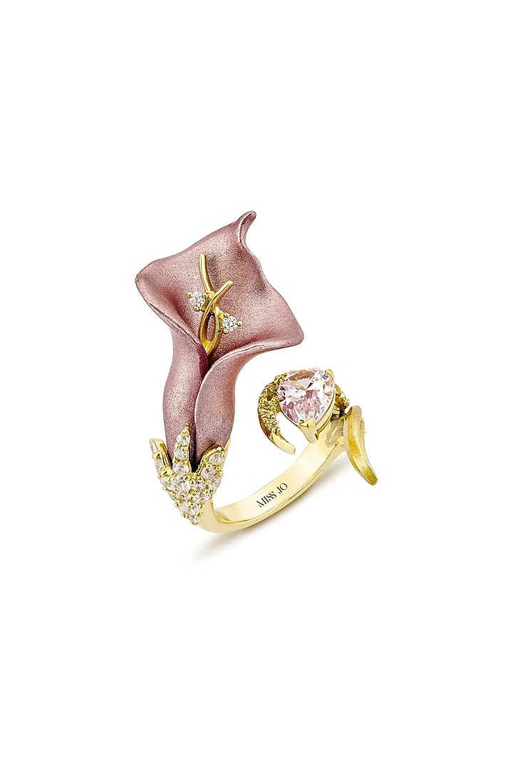 Gold Finish Cubic Zirconia & Pink Stone Floral Ring In Sterling Silver by MISS JO at Pernia's Pop Up Shop
