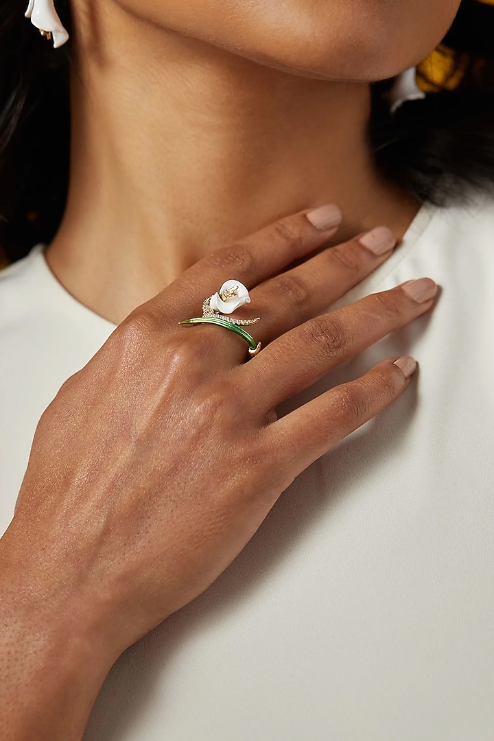 Gold Finish Cubic Zirconia & Canary Stone Floral Ring In Sterling Silver by MISS JO at Pernia's Pop Up Shop