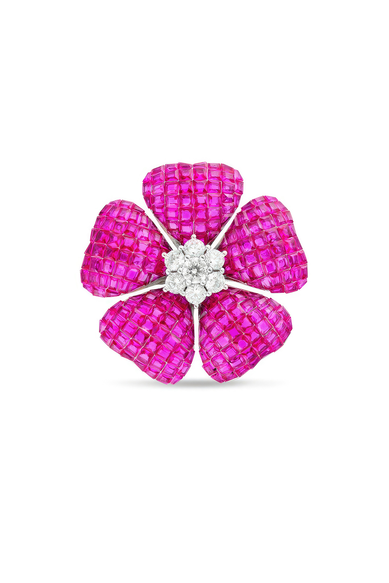 White Rhodium Finish Ruby Spinel Stone Floral Brooch In Sterling Silver by MISS JO at Pernia's Pop Up Shop