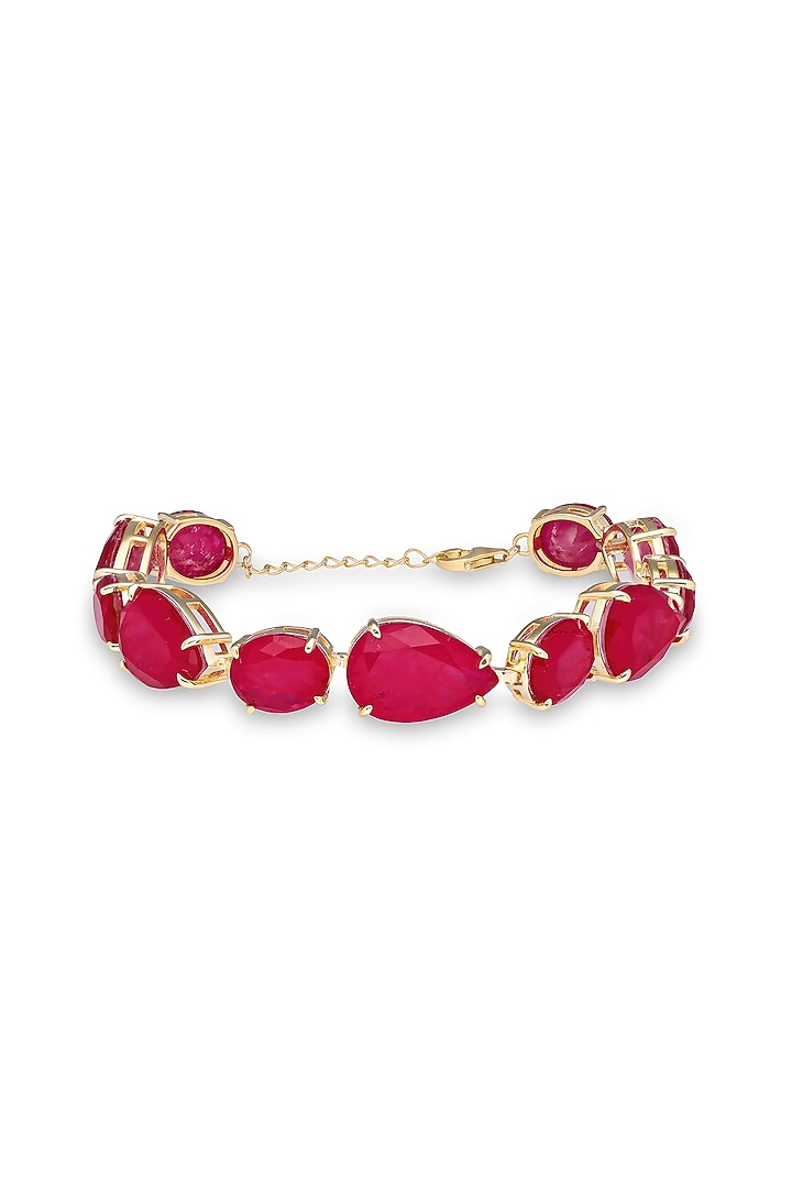 Gold Finish Deep Pink Natural Stone Adjustable Tennis Bracelet In Sterling Silver by MISS JO at Pernia's Pop Up Shop