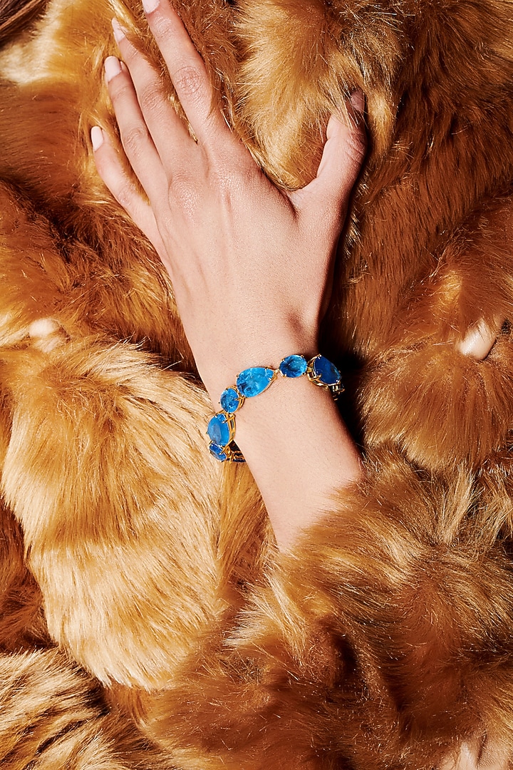 Gold Finish Azure Blue Natural Stone Adjustable Tennis Bracelet In Sterling Silver by MISS JO at Pernia's Pop Up Shop