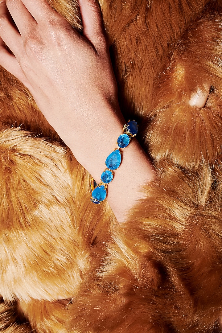 Gold Finish Azure Blue Natural Stone Adjustable Tennis Bracelet In Sterling Silver by MISS JO at Pernia's Pop Up Shop