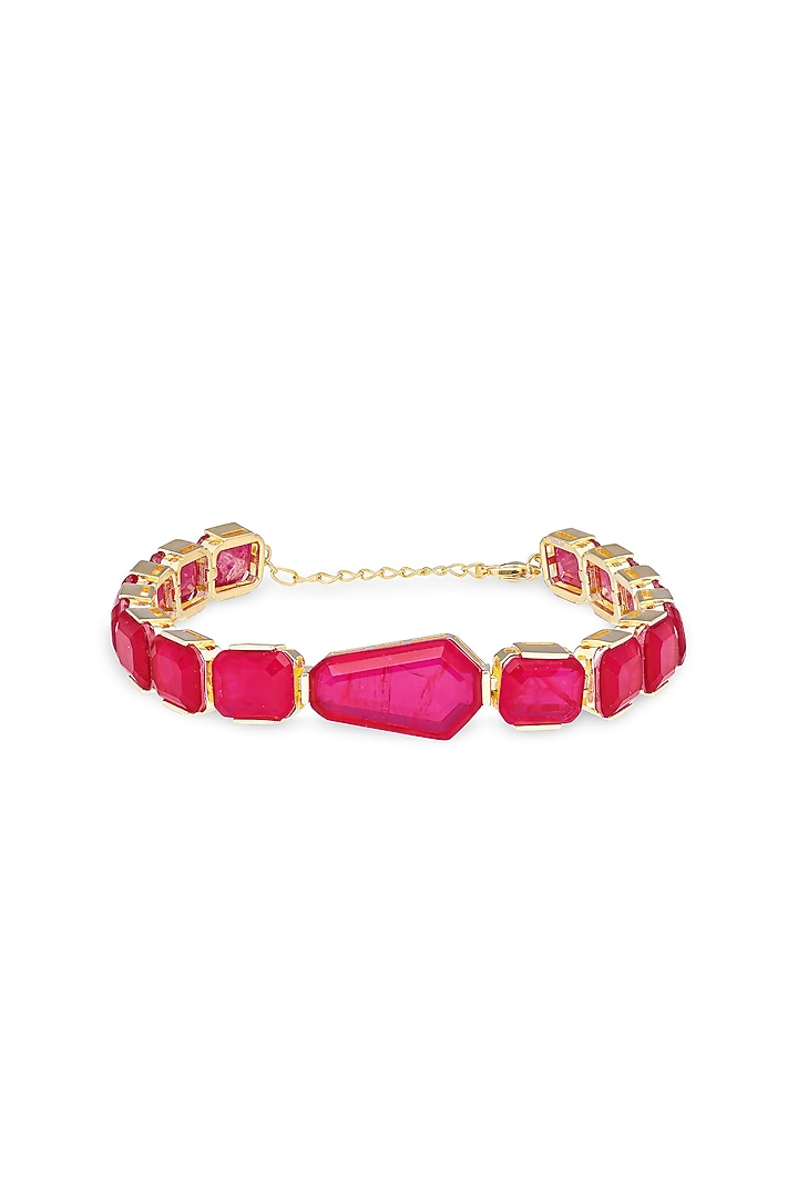 Gold Finish Deep Pink Natural Stone Adjustable Tennis Bracelet In Sterling Silver by MISS JO at Pernia's Pop Up Shop