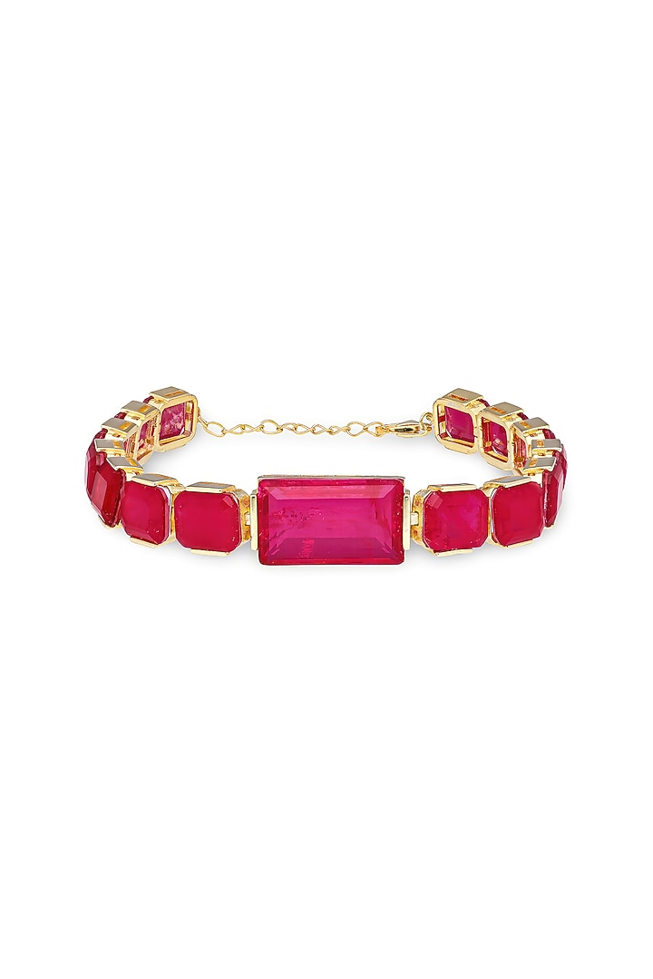 Gold Finish Deep Pink Natural Stone Adjustable Tennis Bracelet In Sterling Silver by MISS JO at Pernia's Pop Up Shop