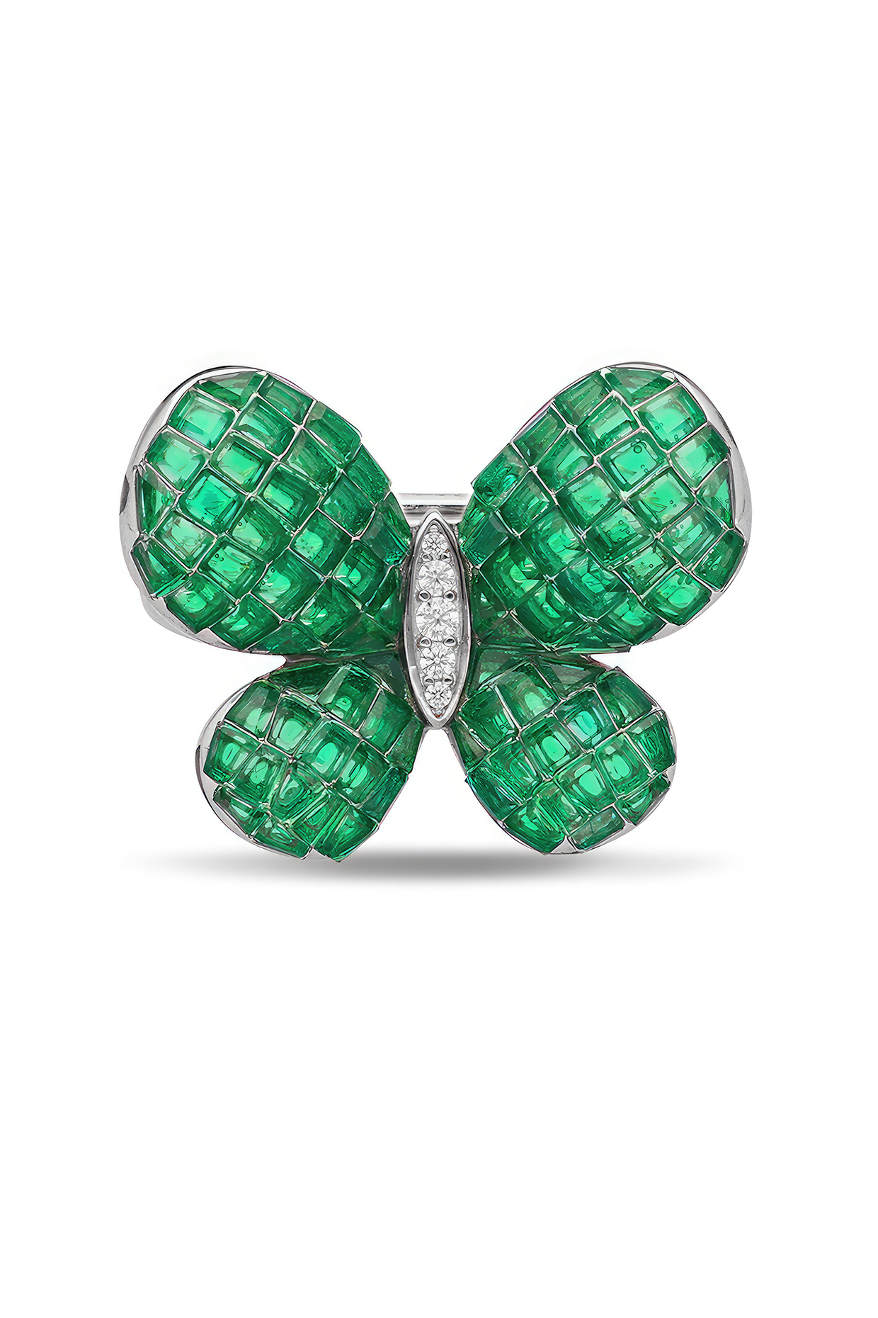 White Rhodium Finish Emerald Spinel Stone Butterfly Brooch In Sterling Silver by MISS JO at Pernia's Pop Up Shop
