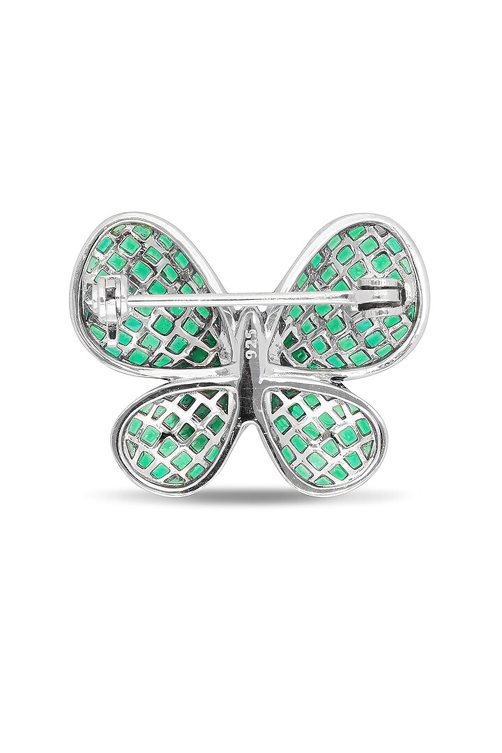 White Rhodium Finish Emerald Spinel Stone Butterfly Brooch In Sterling Silver by MISS JO at Pernia's Pop Up Shop