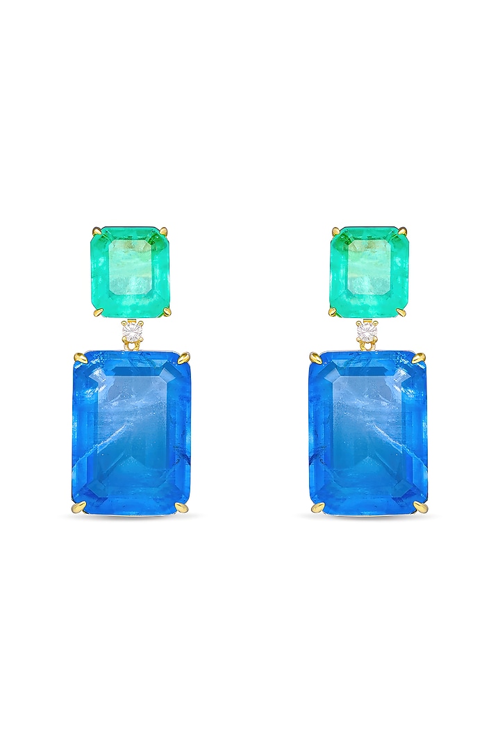 Gold Finish Dark Blue & Aquamarine Green Natural Stone Dangler Earrings In Sterling Silver by MISS JO at Pernia's Pop Up Shop