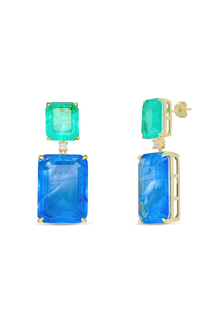 Gold Finish Dark Blue & Aquamarine Green Natural Stone Dangler Earrings In Sterling Silver by MISS JO at Pernia's Pop Up Shop