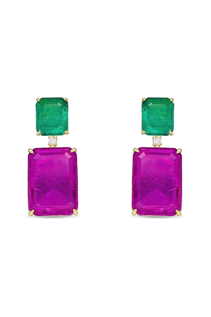 Gold Finish Emerald Green & Purple Natural Stone Dangler Earrings In Sterling Silver by MISS JO at Pernia's Pop Up Shop