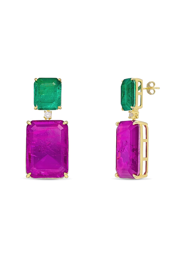 Gold Finish Emerald Green & Purple Natural Stone Dangler Earrings In Sterling Silver by MISS JO at Pernia's Pop Up Shop