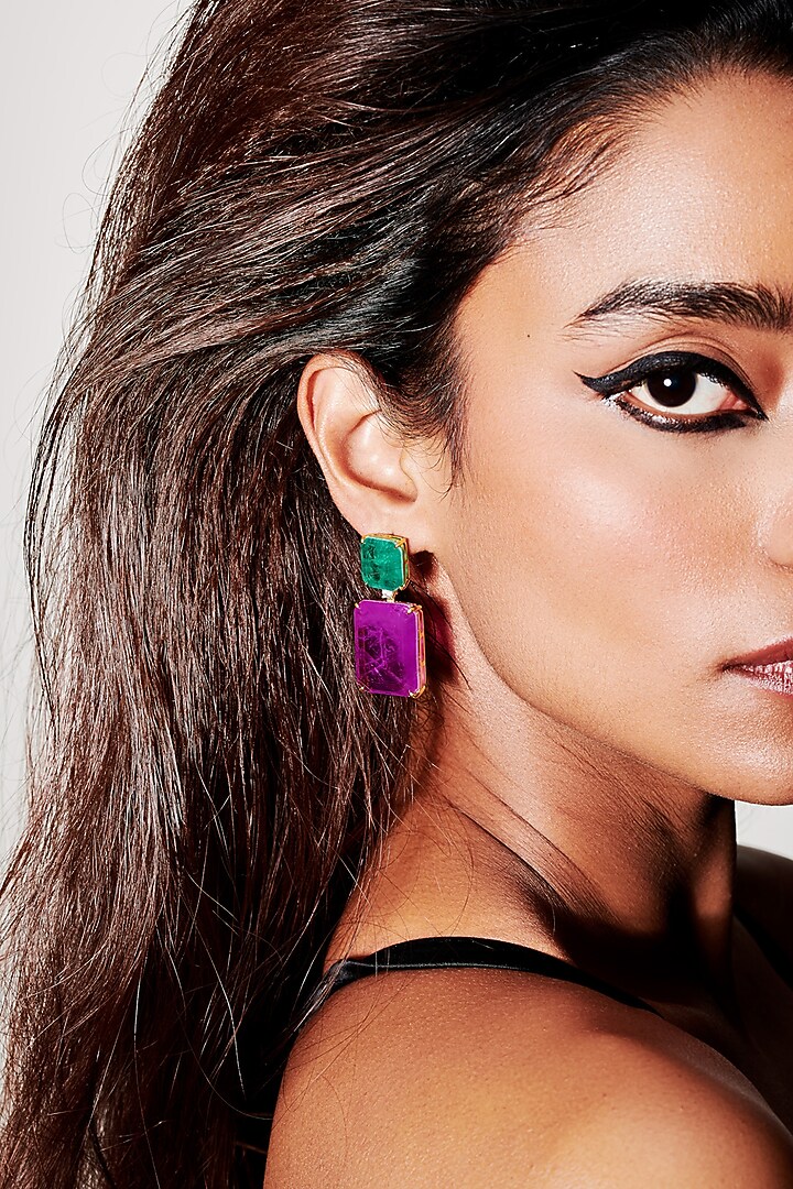 Gold Finish Emerald Green & Purple Natural Stone Dangler Earrings In Sterling Silver by MISS JO at Pernia's Pop Up Shop
