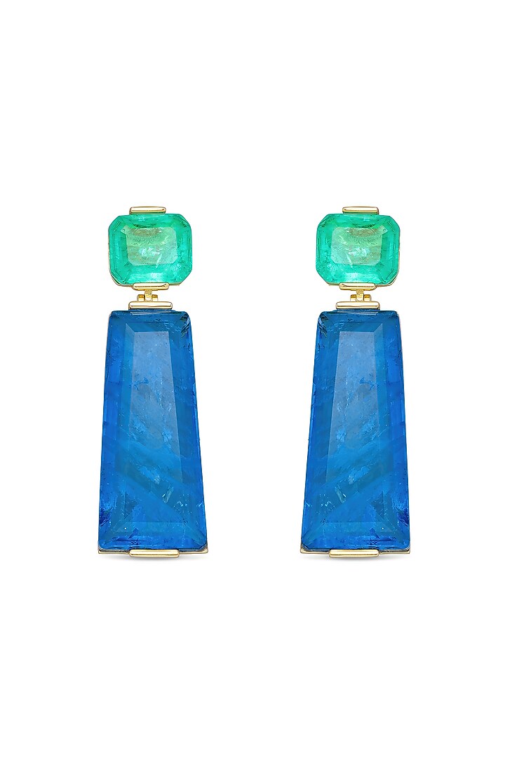 Gold Finish Aquamarine Green & Light Blue Moon Stone Dangler Earrings In Sterling Silver by MISS JO at Pernia's Pop Up Shop