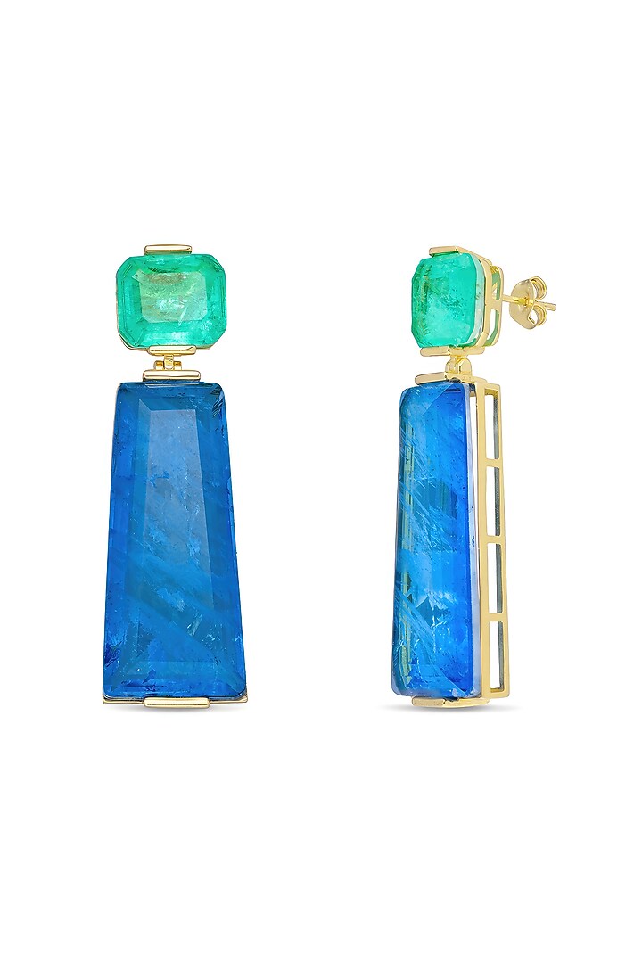 Gold Finish Aquamarine Green & Light Blue Moon Stone Dangler Earrings In Sterling Silver by MISS JO at Pernia's Pop Up Shop