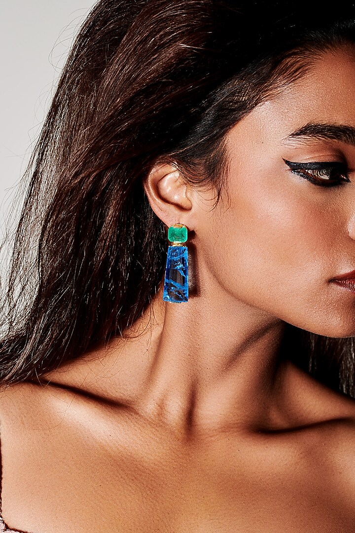 Gold Finish Aquamarine Green & Light Blue Moon Stone Dangler Earrings In Sterling Silver by MISS JO at Pernia's Pop Up Shop