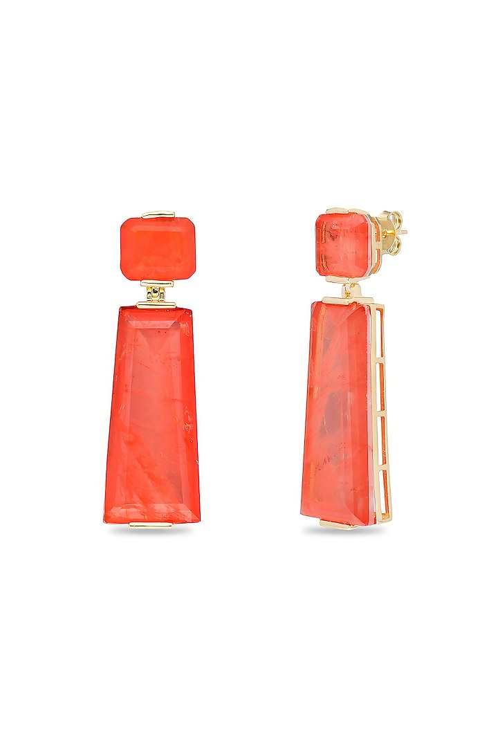 Gold Finish Coral Orange Moon Stone Dangler Earrings In Sterling Silver by MISS JO at Pernia's Pop Up Shop